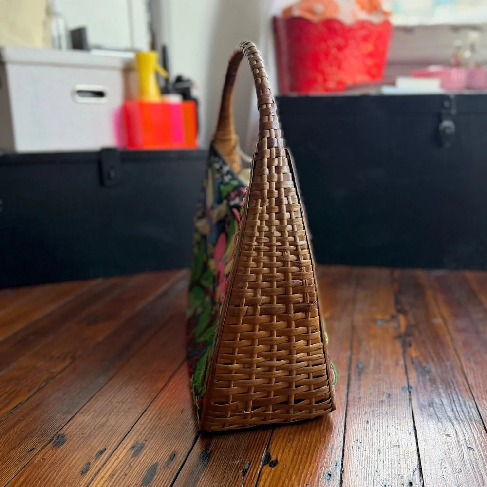 Vintage 70s wicker frame hand embroidered fabric basket tote